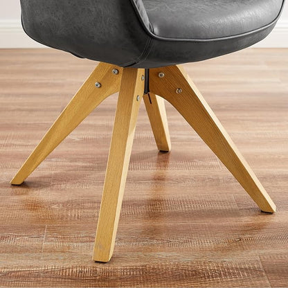 Art Leon Office Chair No Wheels, Mid Century Modern Desk Chair, Swivel Accent Chair with Oak Wood Legs, Faux Leather Upholstered Armchair for Desk, Black
