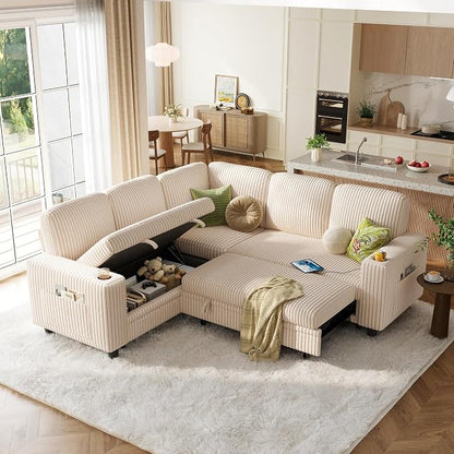 LINSY HOME 81" Modular Sectional Couch with Pull Out Bed, L Shaped 5 Seats Sofa with Storage Loveseat, Corduroy Convertible Sofa Bed, USB, Cup Holders, Side Pocket, Sleeper Sofa for Living Room, Beige