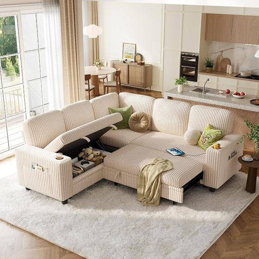 LINSY HOME 81" Modular Sectional Couch with Pull Out Bed, L Shaped 5 Seats Sofa with Storage Loveseat, Corduroy Convertible Sofa Bed, USB, Cup Holders, Side Pocket, Sleeper Sofa for Living Room, Beige