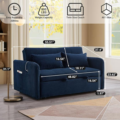 55.5" Corduroy Convertible Sofa Bed, Pull Out Sleeper Sofa Bed, Loveseat Couch with USB Charging Ports, 3 in 1 Convertible Sleeper Sofa Bed for Living Room, Apartment, Bedroom, RV, Blue