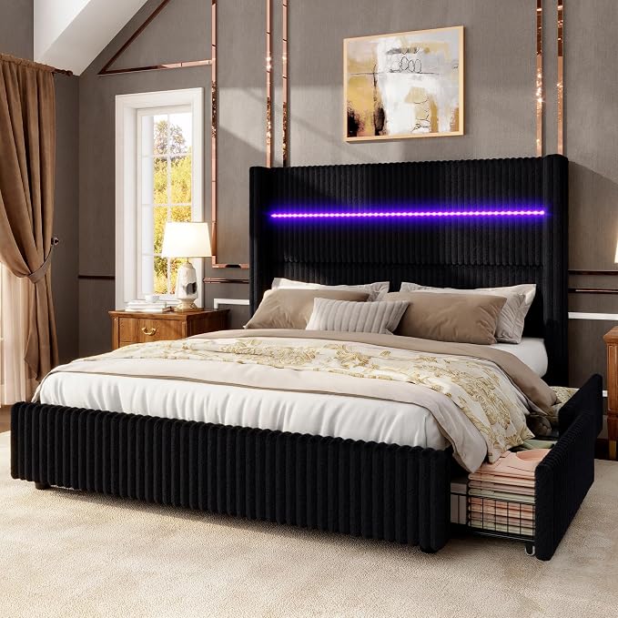 Jocisland King Size Corduroy Upholstered Bed Frame with 4 Storage Drawers & 51.2" Tall Wingback Headboard, LED Platform Bed with Charging Station, Easy Assembly, No Box Spring Needed, Black
