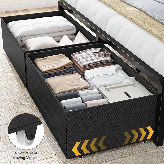 Homkdom Full Size Bed Frame with 8 Fabric Drawers Storage, LED Lights & Charging Station, Metal Platform Bed Frame with Headboard Storage Providing Noise-Free and Easy Assembly,Black