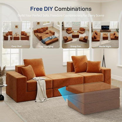 Cloud Modular Sectional Sofa, Comfy Boneless Couch for Living Room, Modern L-Shaped Couch with Reversible Chaise, Customizable Sleeper Sofa with Non Slip, No Assembly & Deep Seat, Orange