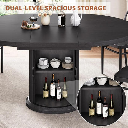 Jocoevol Extendable Round Kitchen Dining Room Table for 4-6 with 2-Tier Storage Shelf, 63'' Space Saving Expandable Wood Oval Circle Dinner Furniture with Pedestal Base(Black)