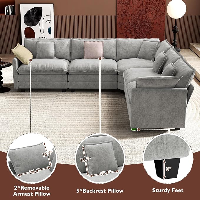 Ihanherry 114" V-Shaped Modern Sofa Modular Sectional Cloud Couch with Corner Section, 5-Seat Chenille Deep Seat Sofa with 5 Pillows for Living Room, Bedroom and Apartment, Grey