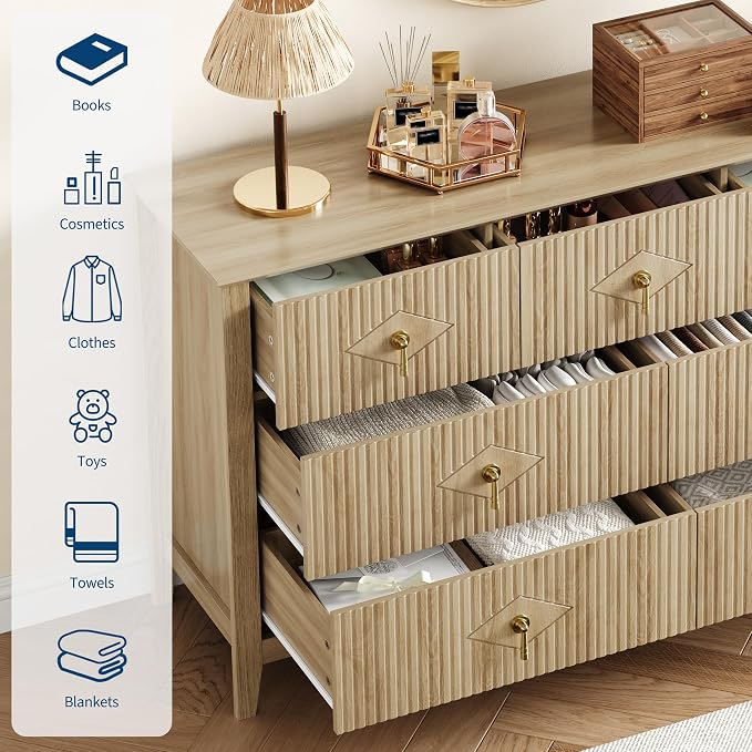 GarveeHome Fluted Dresser for Bedroom, 54 Inch Wide 7-Drawer Wood Dresser, Modern Chest of Drawers, Storage Organizer Cabinet for Living Room, Hallway, Entryway, Natural