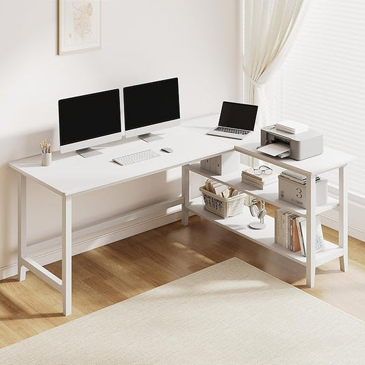 IOTXY Reversible L-Shaped Office Desk - 63" Extra Large Corner Computer Table with Storage Shelves, Solid Wood Legs, Home Writing & Study Workstation, White