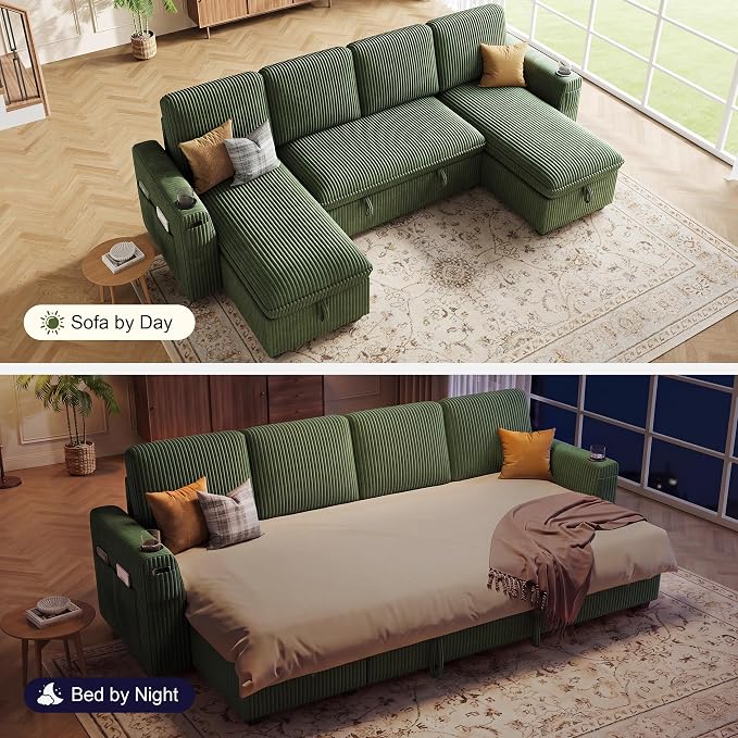 Sectional Sleeper Sofa with Pull Out Bed, Plush Corduroy Sectional Sofa with Double Storage Chaise and Adjustable Backrest, Cloud Sectional Couches for Living Room, Apartment, Green