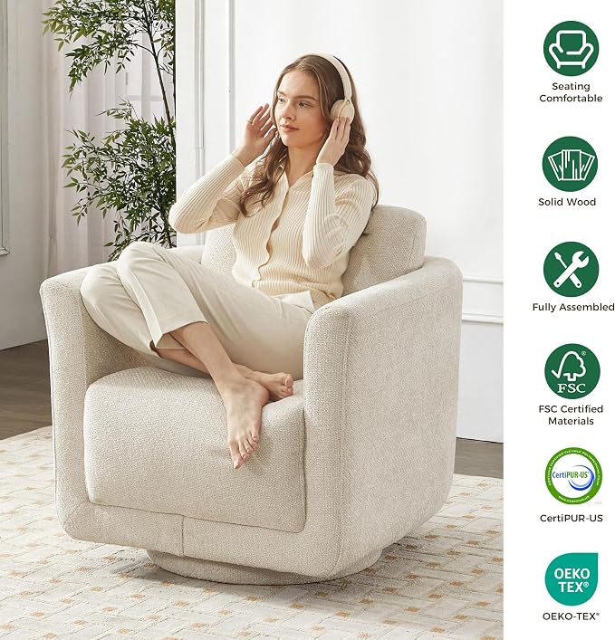 Swivel Accent Chairs Set of 2, Fully Assembled Barrel Chairs, Accent Chairs with Solid Wood Frame & Ergonomic Cushion, 360° Chenille Armchairs for Living Room & Bedroom, Linen