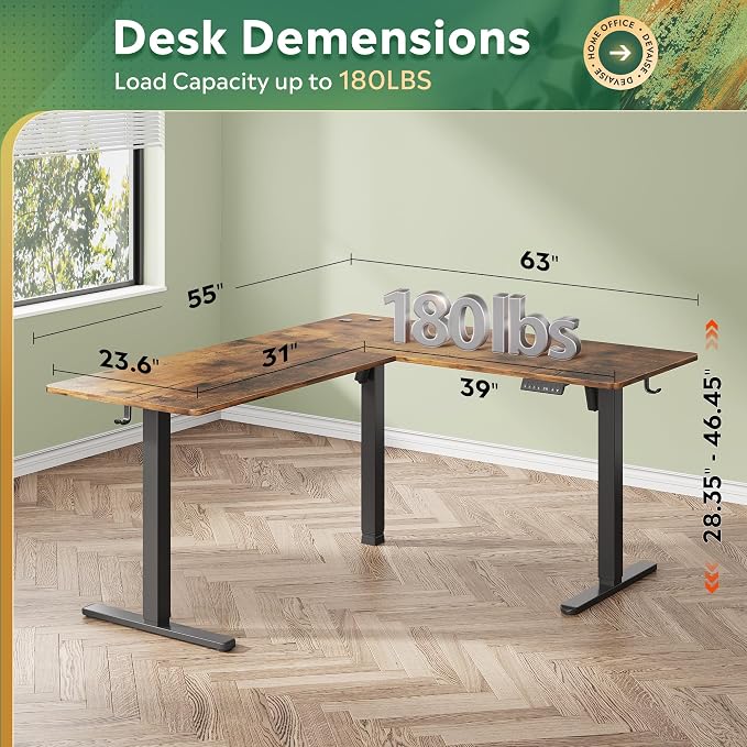 DEVAISE 63 Inch L Shaped Electric Standing Desk, 3 Adjustable Computer Desk for Home Office, Sit to Stand Desk with LED Touchscreen，Headphone Hook, 3 Memory Preset, with Split Top, Rustic Brown