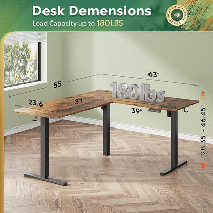 DEVAISE 63 Inch L Shaped Electric Standing Desk, 3 Adjustable Computer Desk for Home Office, Sit to Stand Desk with LED Touchscreen，Headphone Hook, 3 Memory Preset, with Split Top, Rustic Brown
