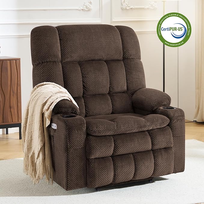 MCombo Oversized Power Lift Recliner Chair for Elderly, Dual Motor Lift Chair with Heat and Massage, Lay Flat Lift Chair for Big and Tall, Cup Holders, Fabric R7891 (Large-Wide, Mocha)