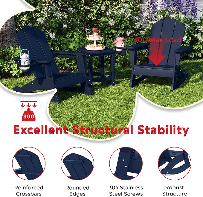 Costaelm Paradise 3-Piece Kids Table and Chairs Set with Toddler Rocking Chairs and Cup Holders, Navy Blue