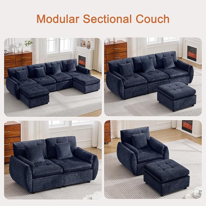 112" Oversized Modular Cloud Sofa, Deep Seat Tufted Chenille 4-Seater Sectional Couch with Curved Arms, Comfy Sofas for Living Room, Blue