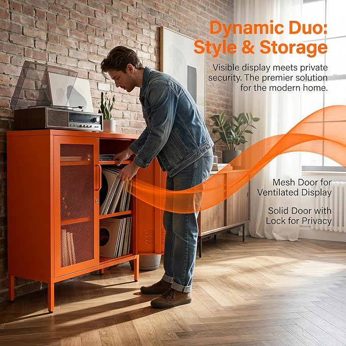 Locking Steel Storage Cabinet Shoe Cabinet for Living Room Bathroom Kitchen Left Wire Mesh Door Right Iron Door Orange Size：33" H x 29.5" W x 13.8" D