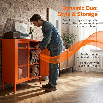 Locking Steel Storage Cabinet Shoe Cabinet for Living Room Bathroom Kitchen Left Wire Mesh Door Right Iron Door Orange Size：33" H x 29.5" W x 13.8" D