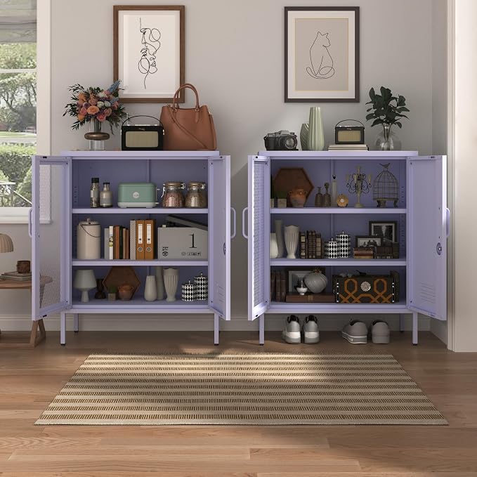 Purple Metal Storage Cabinet with Adjustable Shelf, Lockable 2 Door Sideboard, Multipurpose Widened Storage Locker for Kitchen Home Bedroom Living Room Office 33" H X 29.5" W X 13.8" D