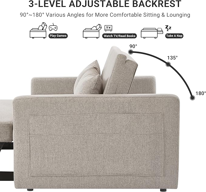55.5" Fabric Convertible Sofa Bed, Pull Out Sleeper Sofa Bed, Loveseat Couch with Side Pocket, 3 in 1 Convertible Sleeper Sofa Bed for Living Room, Apartment, Bedroom, RV, Light Grey