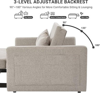 55.5" Fabric Convertible Sofa Bed, Pull Out Sleeper Sofa Bed, Loveseat Couch with Side Pocket, 3 in 1 Convertible Sleeper Sofa Bed for Living Room, Apartment, Bedroom, RV, Light Grey
