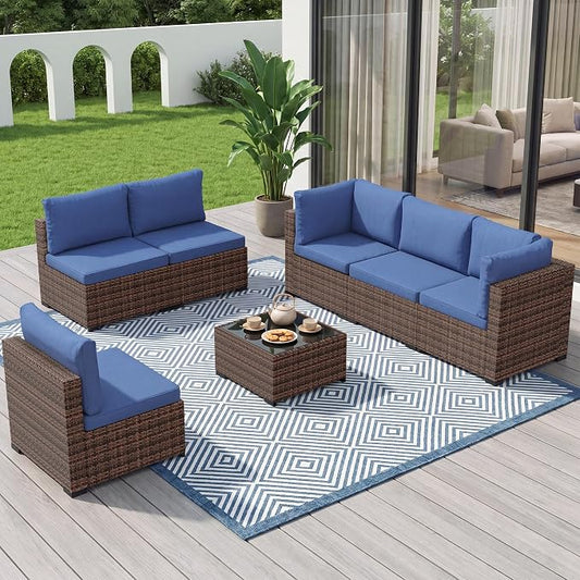 LHBcraft 7 Pieces Outdoor Wicker Rattan Patio Furniture, Wicker Rattan Outdoor Sectional Sofa Set with Coffee Table & Blue Cushions for Garden