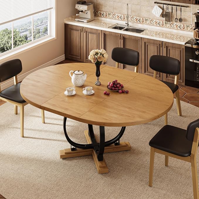 iPormis 59'' Extendable Round Dining Table for 4 to 6, Kitchen Table with Sturdy X-Base Metal Legs, MDF Board with Backboard Clasp, Space Saving, Easy Assembly, Kitchen, Dining Room, Oak