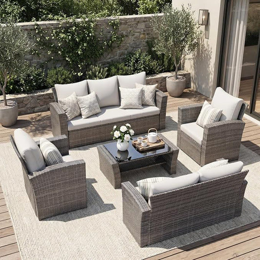 Wisteria Lane Patio Furniture Set, 5 Pieces Wicker Outdoor Furniture for All Weather, Patio Sofa with High Backrest Support and Wide Armrest for Backyard, Balcony, Deck, Porch, Light Gray
