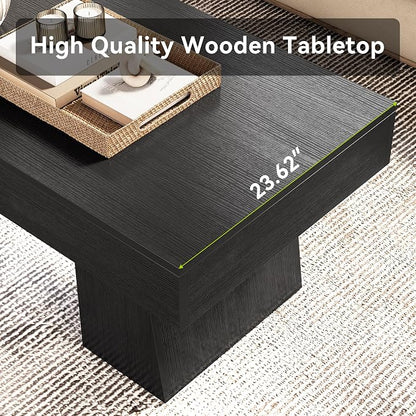 LITTLE TREE Farmhouse Coffee Table, 47 Inches Wooden Rectangular Accent Center Tables with Thick Base, Modern Low Cocktail Tea Furniture for Living Room (Black)