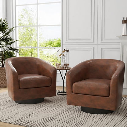 360° Swivel Barrel Accent Chair Armchair, PU Leather Round Club Arm Chair for Lving Room, Modern Upholstered Small Bedroom Single Sofa Seat - Coffee Brown, Set of 4