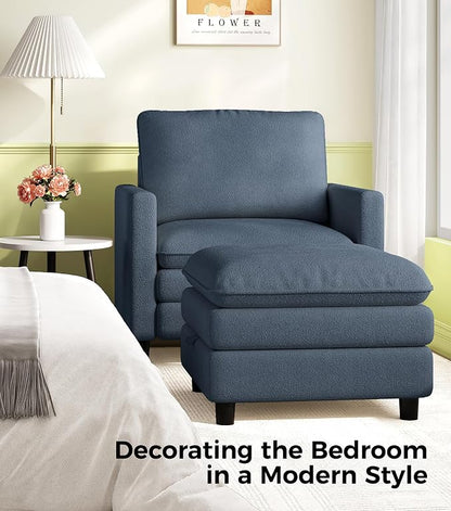 Welzona 3-Layers Cloud Accent Chair with Ottoman, 33" Comfy Reading Chair for Bedroom, Living Room, Tool-Free Assembly with Teddy Fabric Arm Chairs and Ottoman Set, Blue Grey, Removable Washable Cover