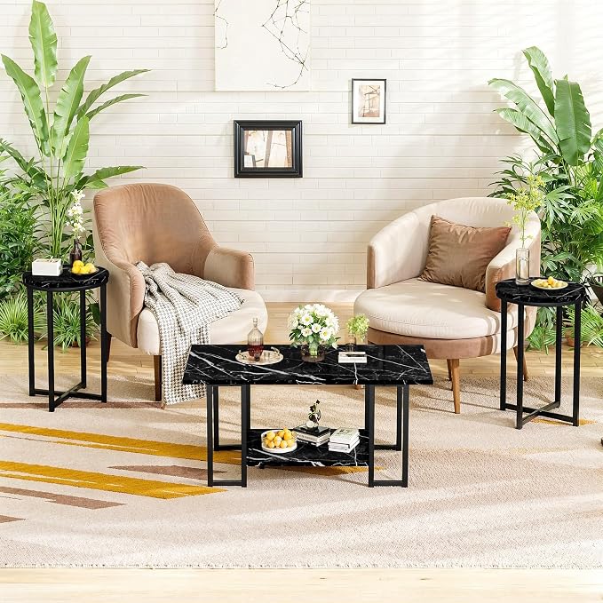 Lamerge 3 Pieces Living Room Table Set, Faux Marble Coffee Table with 2 Round End Side Tables, Coffee Table Set with Metal Frame for Apartment Home Office, Black