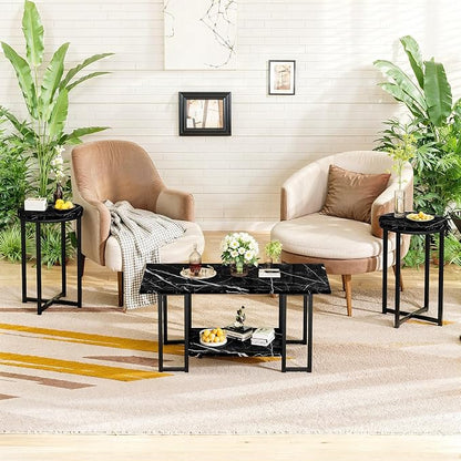 Lamerge 3 Pieces Living Room Table Set, Faux Marble Coffee Table with 2 Round End Side Tables, Coffee Table Set with Metal Frame for Apartment Home Office, Black