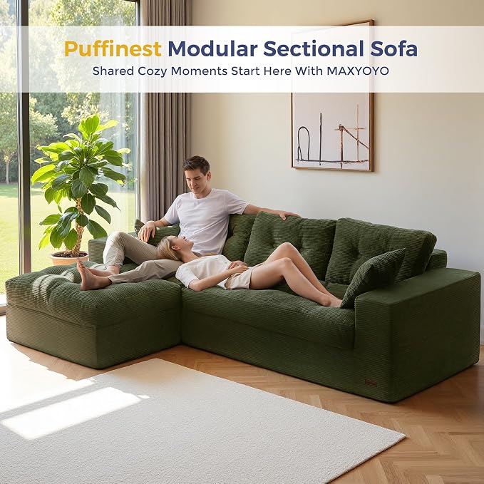 MAXYOYO 96" L Shaped Modular Sectional Sofa with Ottoman, Cloud Boneless Couch with Layered Cushion, Upholstered Sofa in a Box, Flexible Module Combination for Living Room, No Assembly, Dark Green