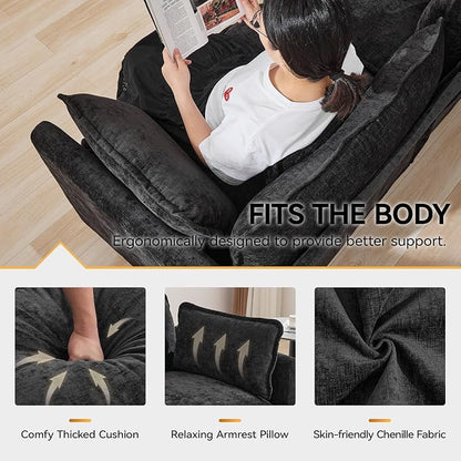 113'' V Shaped Cloud Sectional Sofa, Oversized Deep Seat Couches for Living Room, Chenille Comfy Upholstered Modular Sectional Sofa Couch with 2 Movable Ottoman, Dark Grey