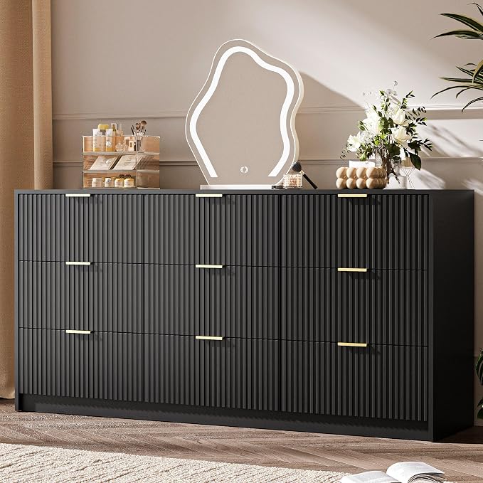 MAISONARIA 3-Piece Dresser Bedroom Set, 9 Drawer Dresser & 3 Drawer Nightstands with Gold Handles, Fluted Wood Chest of Drawers for Bedroom, Living Room, Entryway, Black