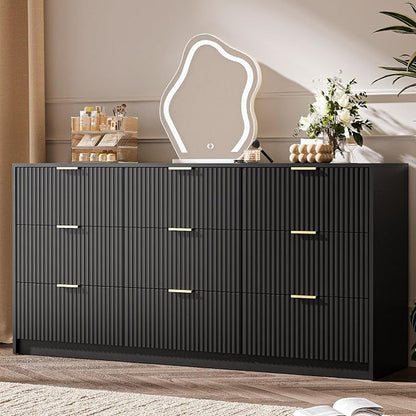 MAISONARIA 3-Piece Dresser Bedroom Set, 9 Drawer Dresser & 3 Drawer Nightstands with Gold Handles, Fluted Wood Chest of Drawers for Bedroom, Living Room, Entryway, Black