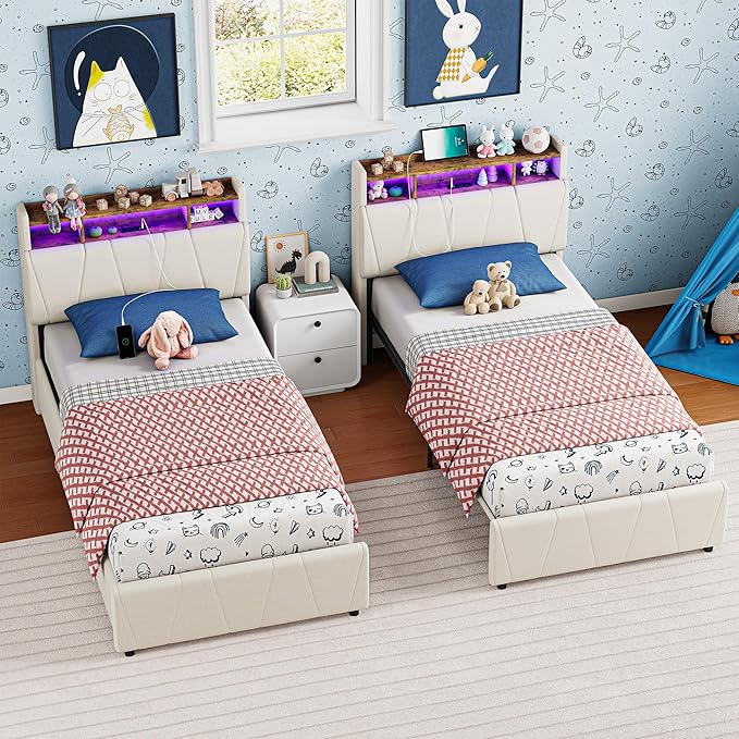 LIKIMIO Twin Bed Frame with 2 Storage Drawers, Charging Station & LED Lights, Upholstered Platform Twin Bed with Storage Headboard, Strong Wooden Slats, No Box Spring Needed, Easy Assembly, Beige