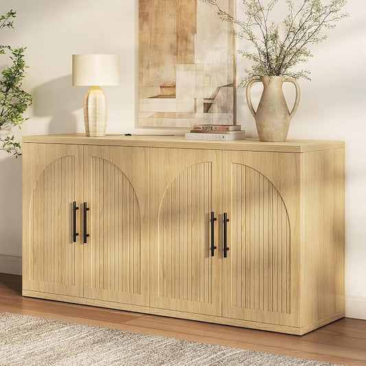 MapleGrace 63" Fluted Buffet Cabinet with Storage, Modern Symmetrical Arched Sideboard Credenza with Adjustable Shelf, Elegant Wood Console Table for Dining Room, Kitchen, Living Room(Oak)
