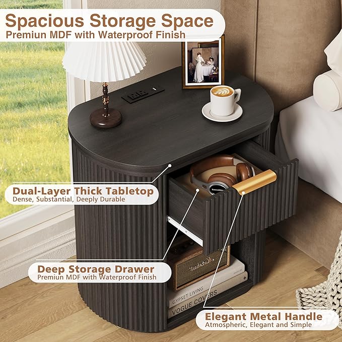 Fluted Nightstand with Charging Station, 23.6" Large Bedside Side Table with Drawer, Wood End Table with Storage, Curved Round Corner, Furniture Bedroom Sofa, Mid Century Modern, Vintage, Black