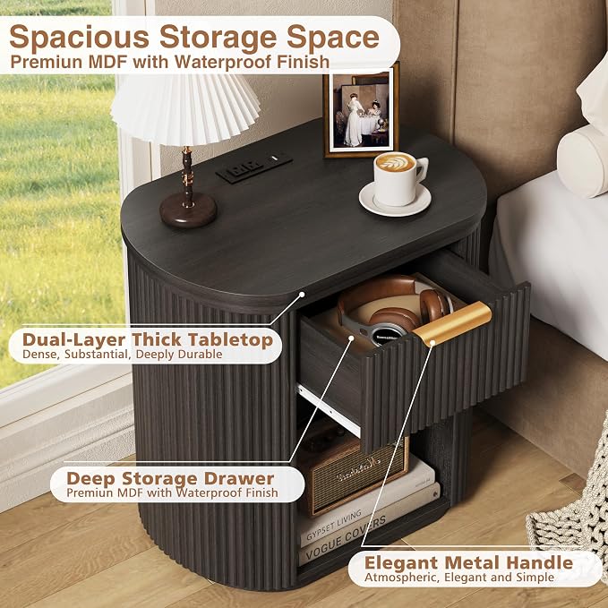 Fluted Nightstand with Charging Station, 23.6" Bedside Side Table with Drawer, Wood End Table with Storage, Curved Round Corner, Furniture Bedroom Sofa, Mid Century Modern, Vintage, Black,Set of 2
