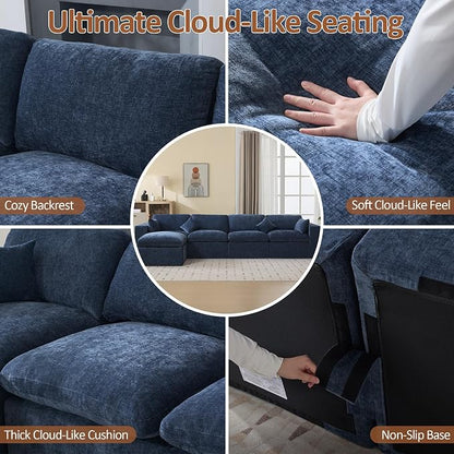 146''Cloud Boneless Sectional Couch, Modular Sectional Sofa Deep Seat with Ottoman, Oversized Upholstered Convertible Comfy 5 Seater Chenille Sofa L Shape Couches for Living Room, Navy