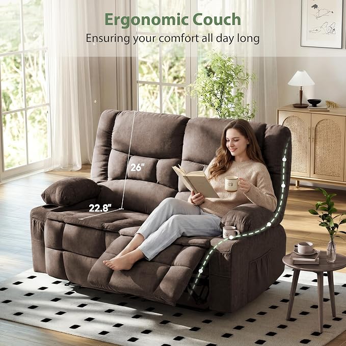 Loveseat Recliner Sofa, Wall Hugger Reclining Loveseat with Cup Holders & Storage Pockets, 150° Adjustable RV Couch, Traditional 2-Seat Reclining Couch for Living Room, RV, Home Theater, Brown