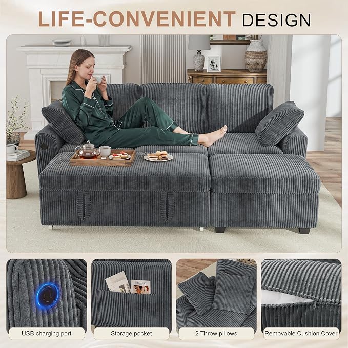 Hanherry 81" Sectional Couch with Pull Out Sofa Bed,Corduroy Sleeper Sofa with Storage Ottoman & USB Charging,Comfy L Shaped Modular Couches for Living Room,Apartment