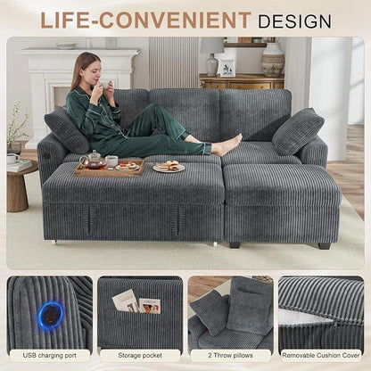 Hanherry 81" Sectional Couch with Pull Out Sofa Bed,Corduroy Sleeper Sofa with Storage Ottoman & USB Charging,Comfy L Shaped Modular Couches for Living Room,Apartment