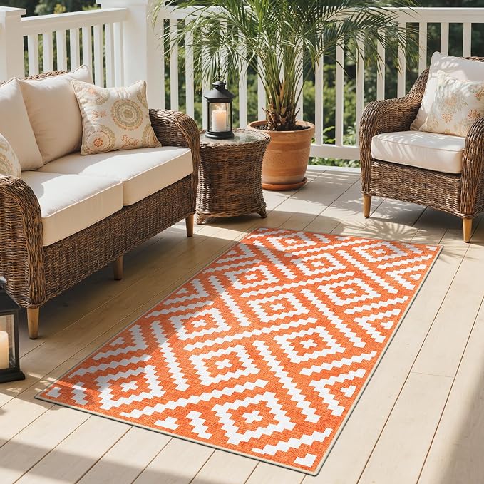 GENIMO Outdoor Rug for Patio Clearance, 3'x5' Indoor Area Rug, Waterproof Reversible Fall Doormat, Outside Camping Carpet for Porch, Living Room, Balcony, Deck, Bedroom, Picnic, White Orange