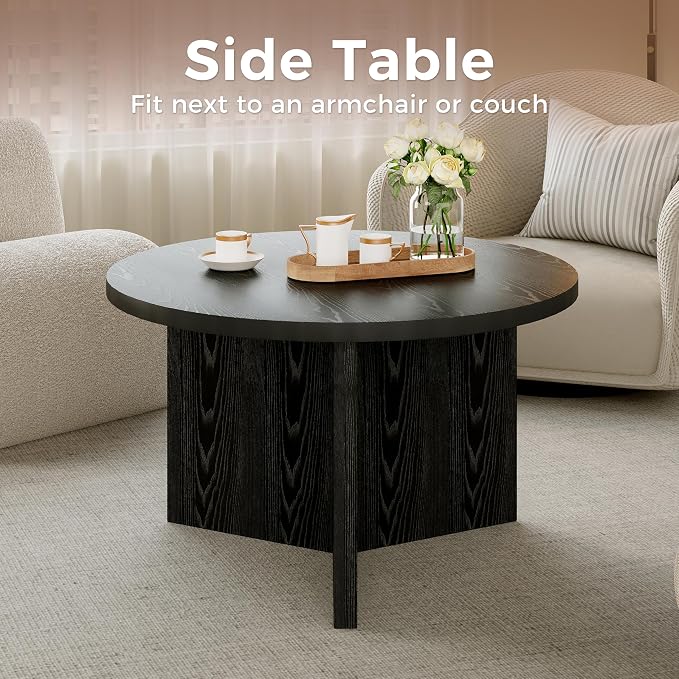 Luoxiao Round Black Coffee Table, Modern End Tables for Living Room, 27.5" | Space-saving, Triangle Base w/ Anti Slip Feet for Stability, Circular Accent Table for Small Spaces, Apartment, Easy Assembly