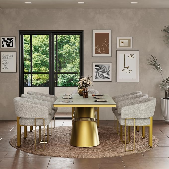 Dining Chair with Arms, Luxury Off White Boucle Barrel Dining Room Chair with Brushed Gold U-Shaped Legs for Kitchen, Bedroom, Makeup Room (1 PCS)