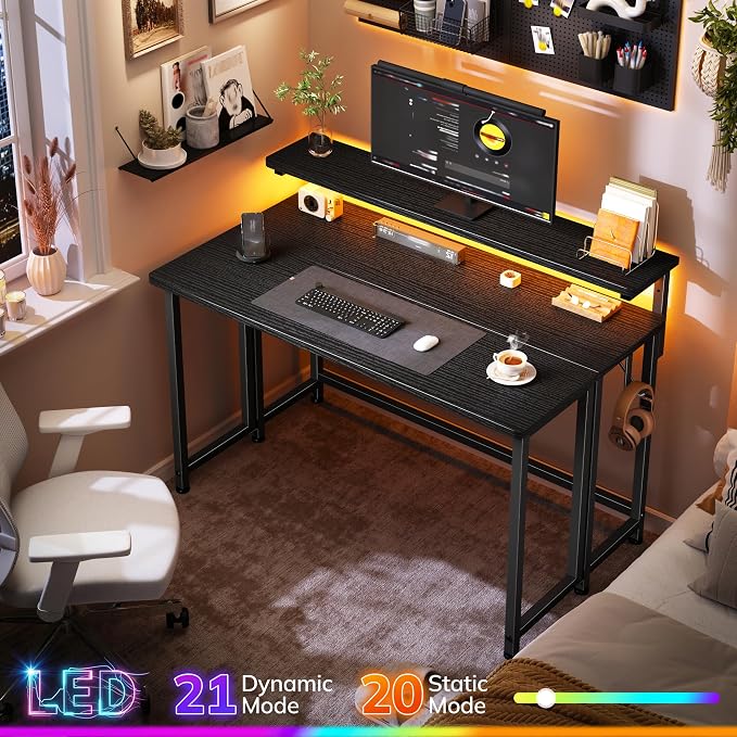 DurayLoly Folding Table with RGB Light for Small Space, 39.4" Folding Computer Desk for Space Saving Sofa Table for Couch, Home Work Office Desk with Monitor Stand, Easy to Fold with Hooks,Black