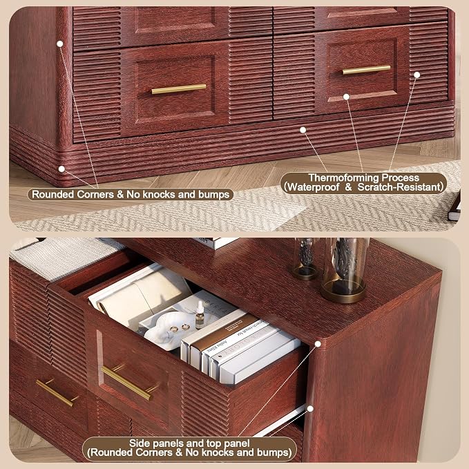 RECHHX Farmhouse 6 Drawers Dresser for Bedroom, 47.2" Wide Large Modern Chest of Drawers, Wooden Thermoformed Curved Dresser Organizer for Bedroom, Living Room, Walnut Cherry