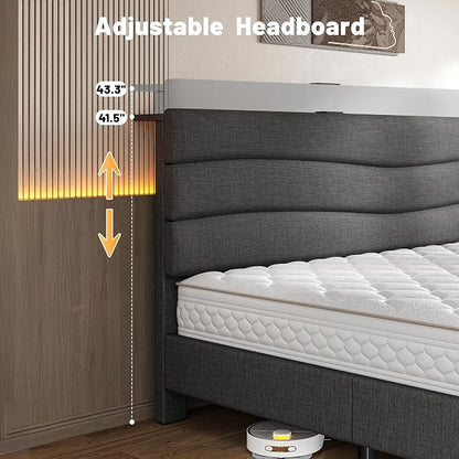 EnHomee Full Size Upholstered Bed Frame with Adjustable Height Headboard,Charging Stations,Noise-Free Platform Bed Full, No Box Spring Needed, Easy Assembly,Grey