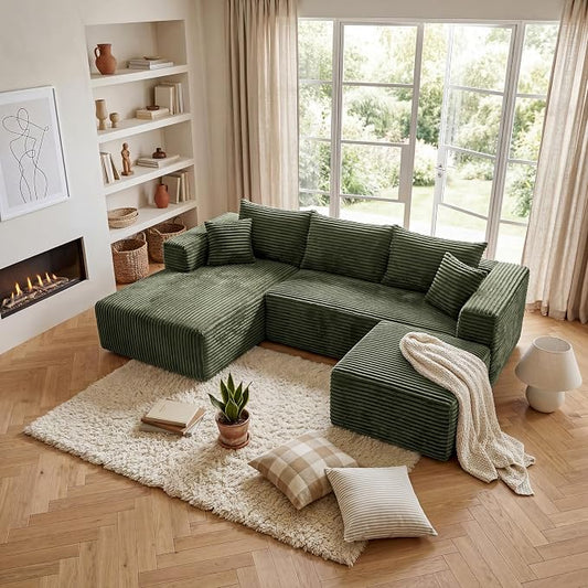 BSHOMGI 92.5'' U-Shaped Boneless Couches, Comfy Corduroy 3 Seaters Sofas with Ottoman, Modern High Back Sectional Sofa for Living Room with Oversized Chaise Deep Seat Sofa, No Assembly Needed